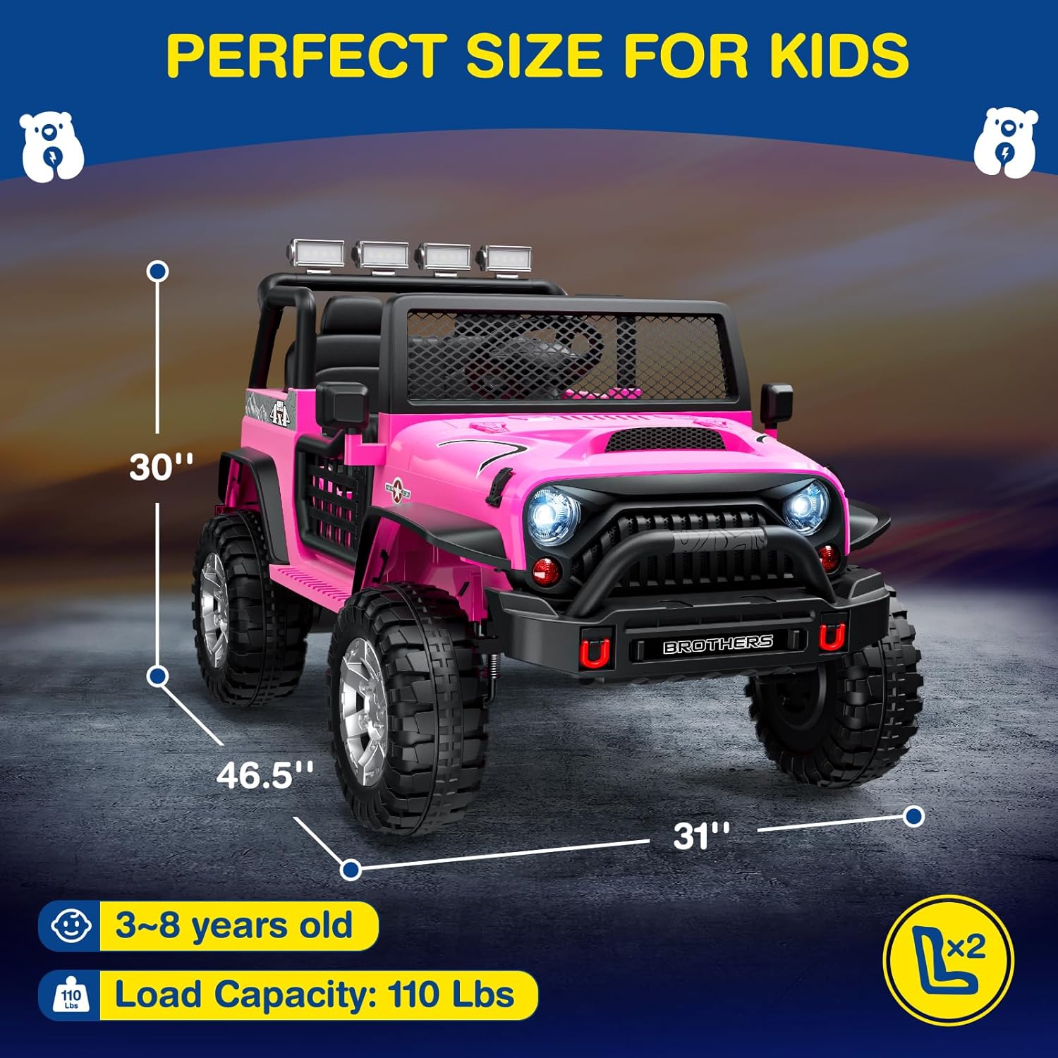 Pink ride on car with measurements and specifications on a dark background