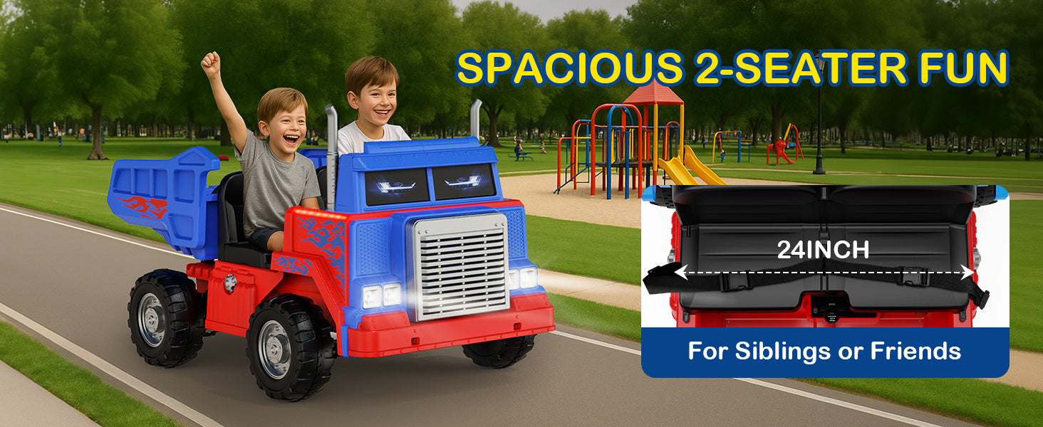 Children playing with a red and blue dump truck on a road, with a playground in the background.