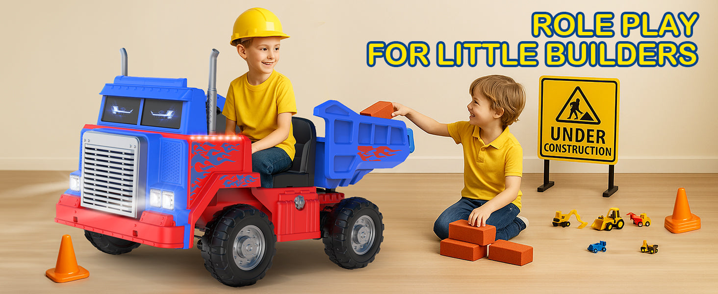 Two children playing with a toy dump truck and construction blocks on a wooden floor, with 'Role Play for Little Builders' text above.