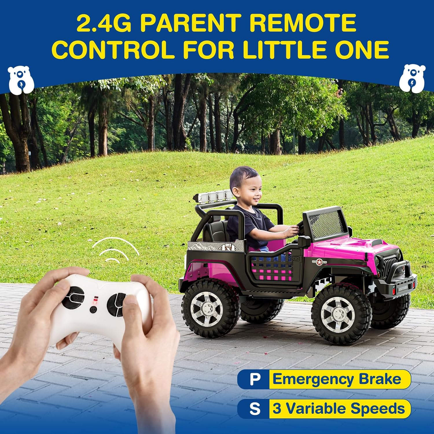 Child playing with a 24 v 2-seater ride-on car in a park using a 2.4G parent remote control.