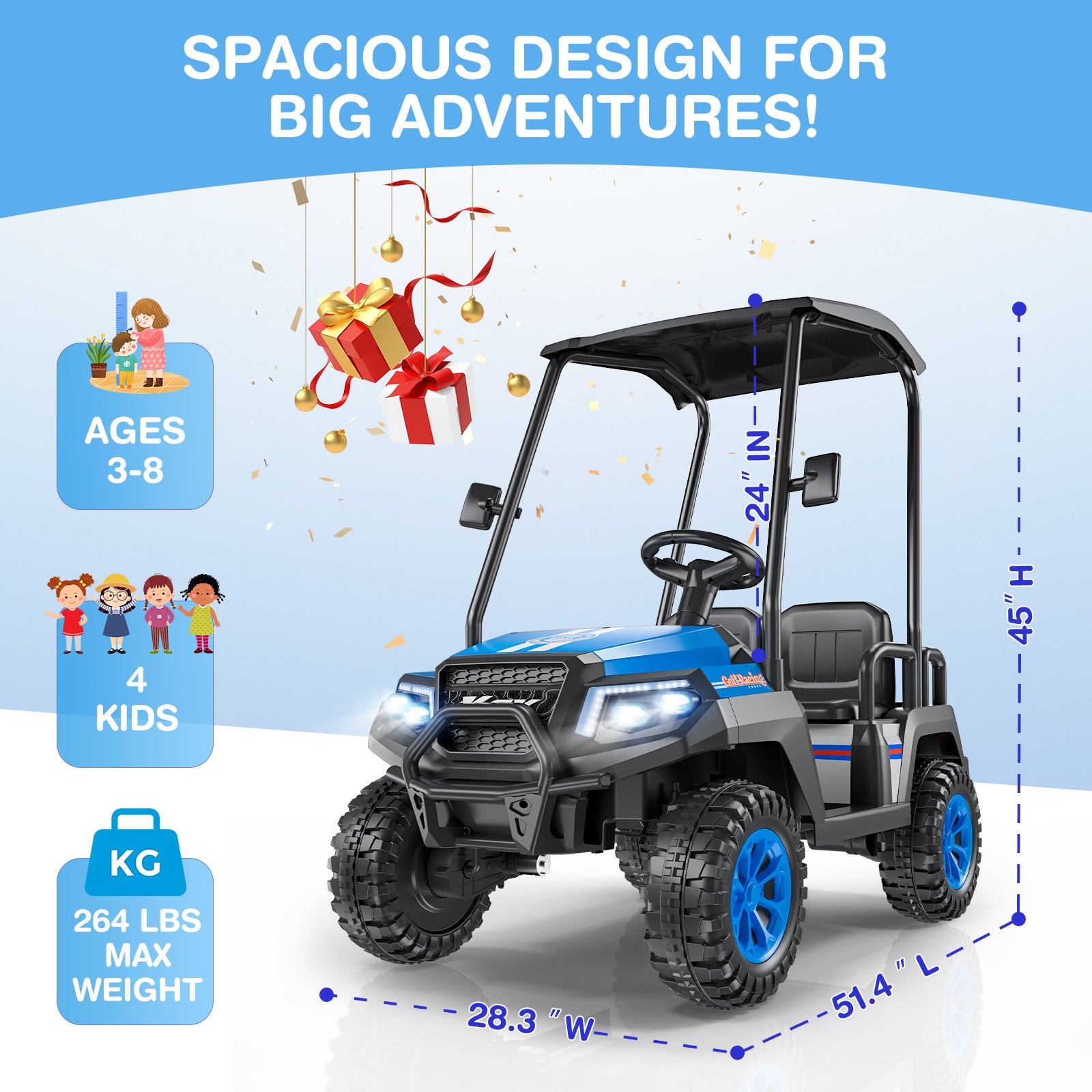 Toy utility vehicle with specifications and design features on a blue and white background