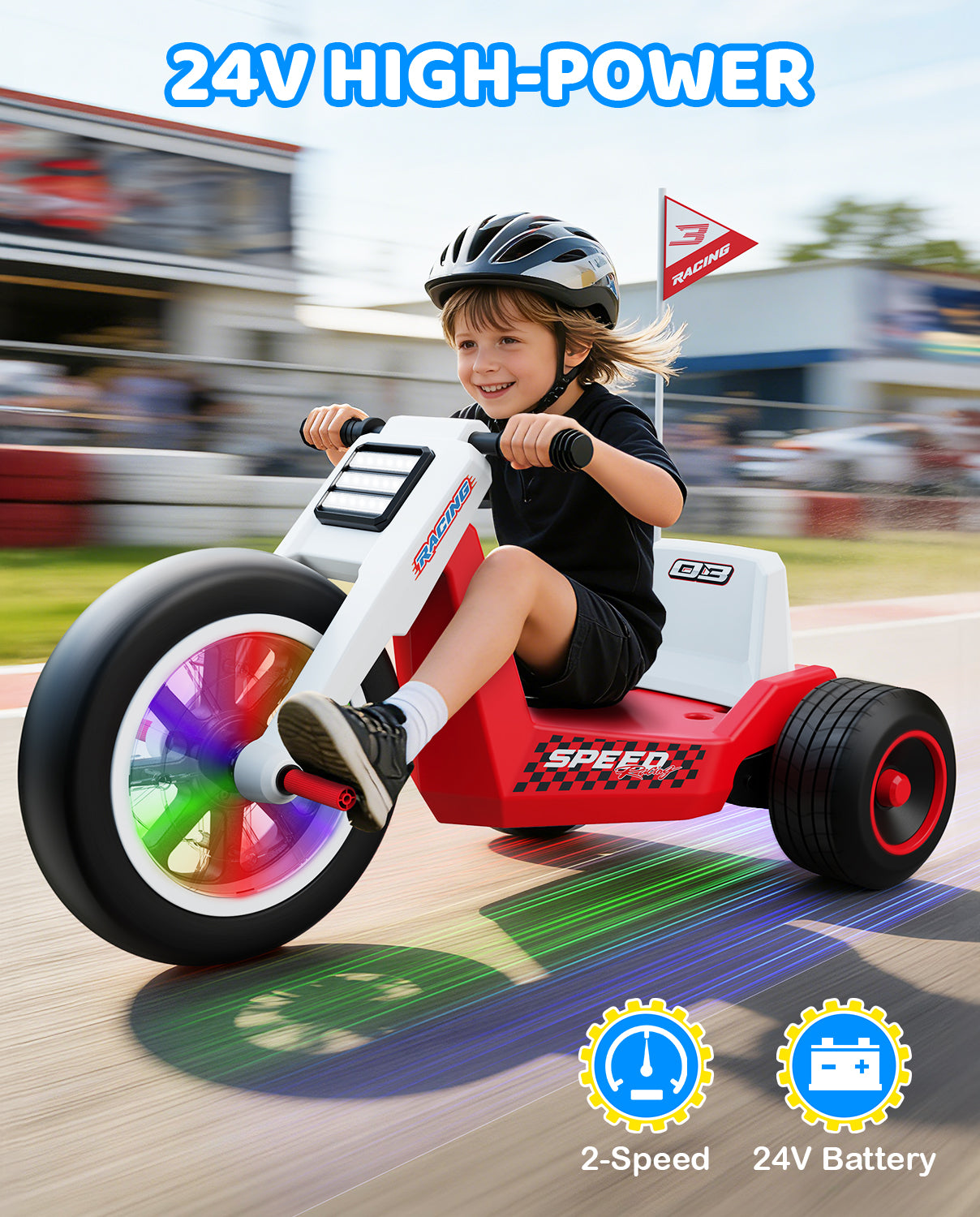 A young boy riding the high-power 24V T7 Apex tricycle reaching a max speed of 5mph on a flat outdoor path