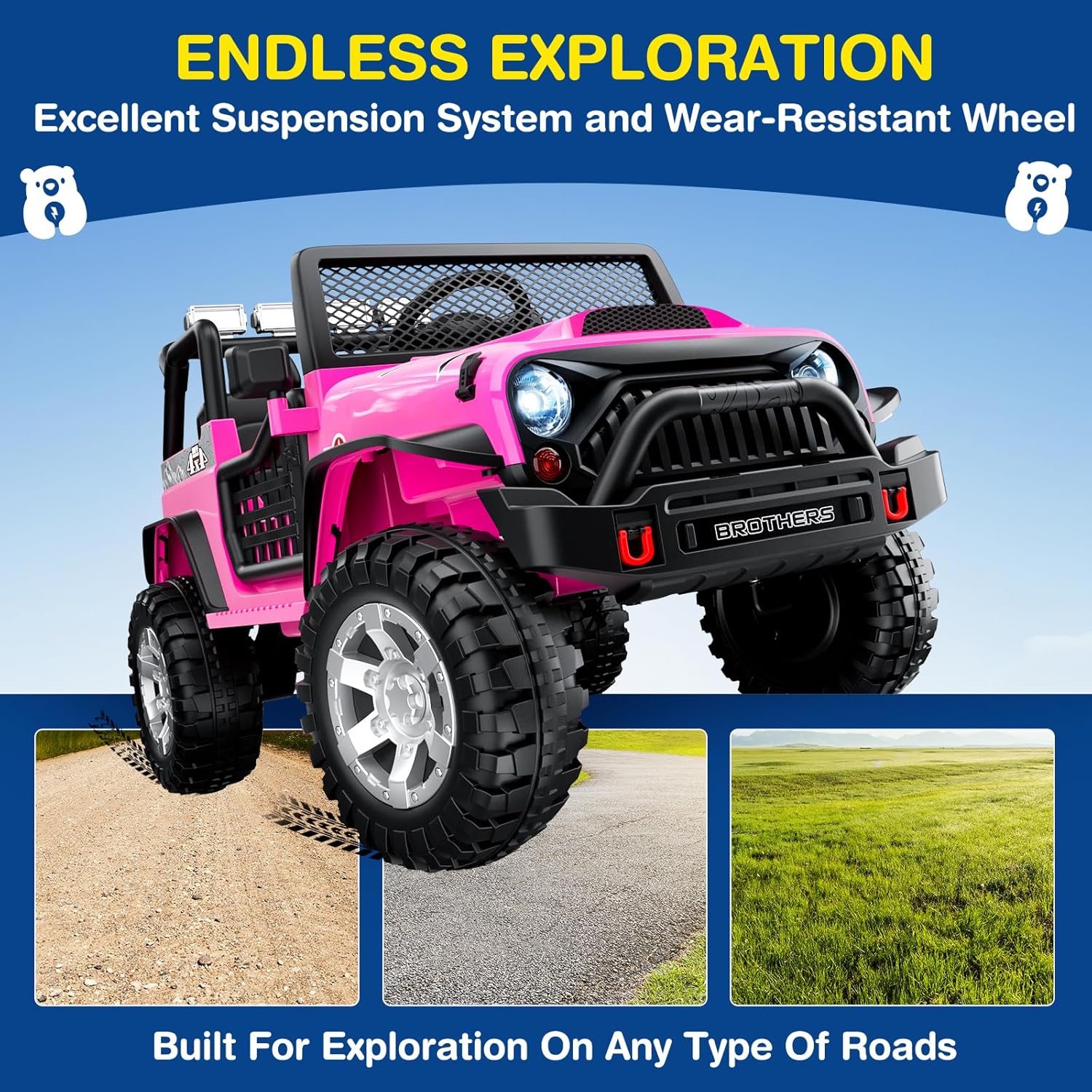 Pink electric ride on car with text about suspension system and road suitability on a blue background