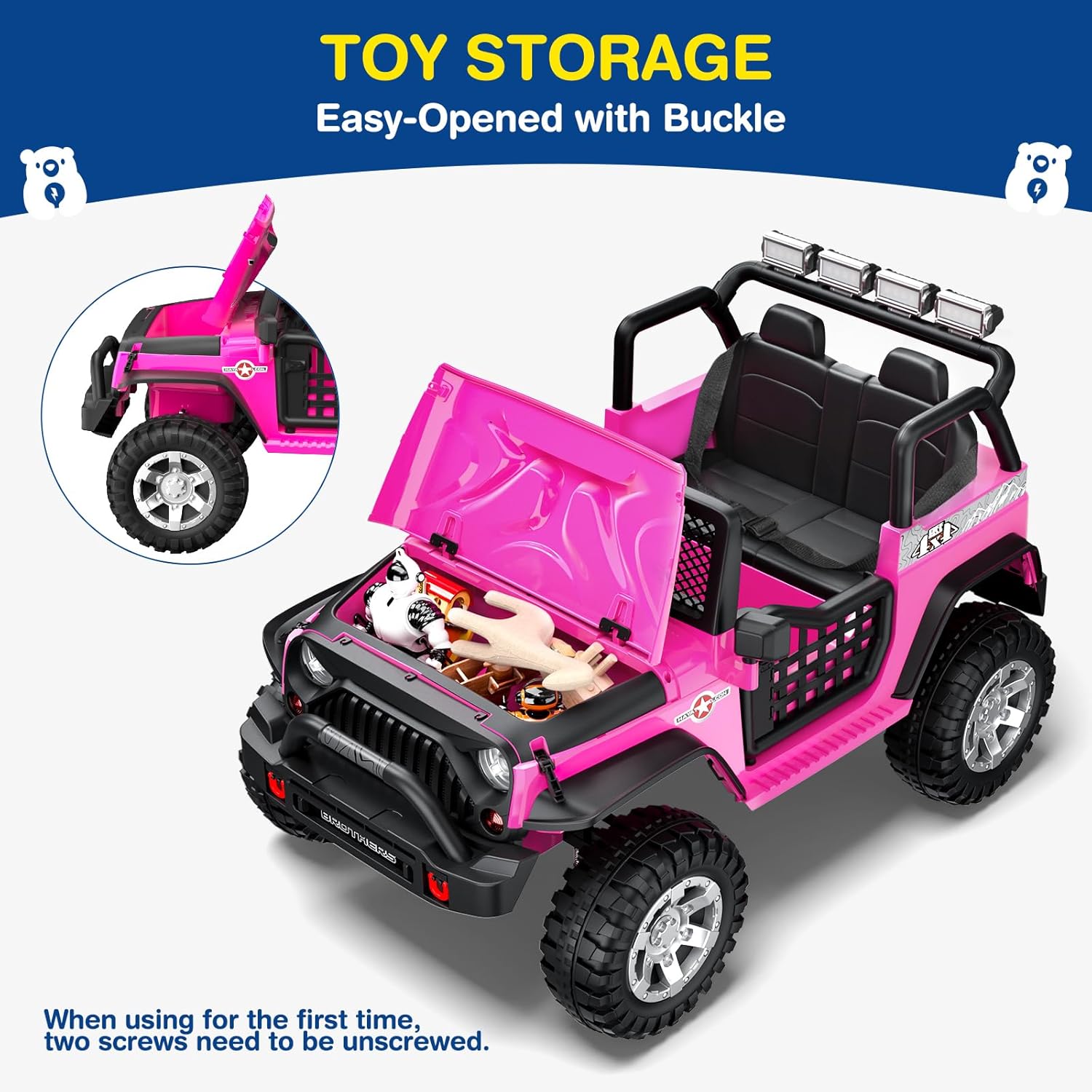 Pink ride on car with open hood on a white background, labeled 'Toy Storage'.