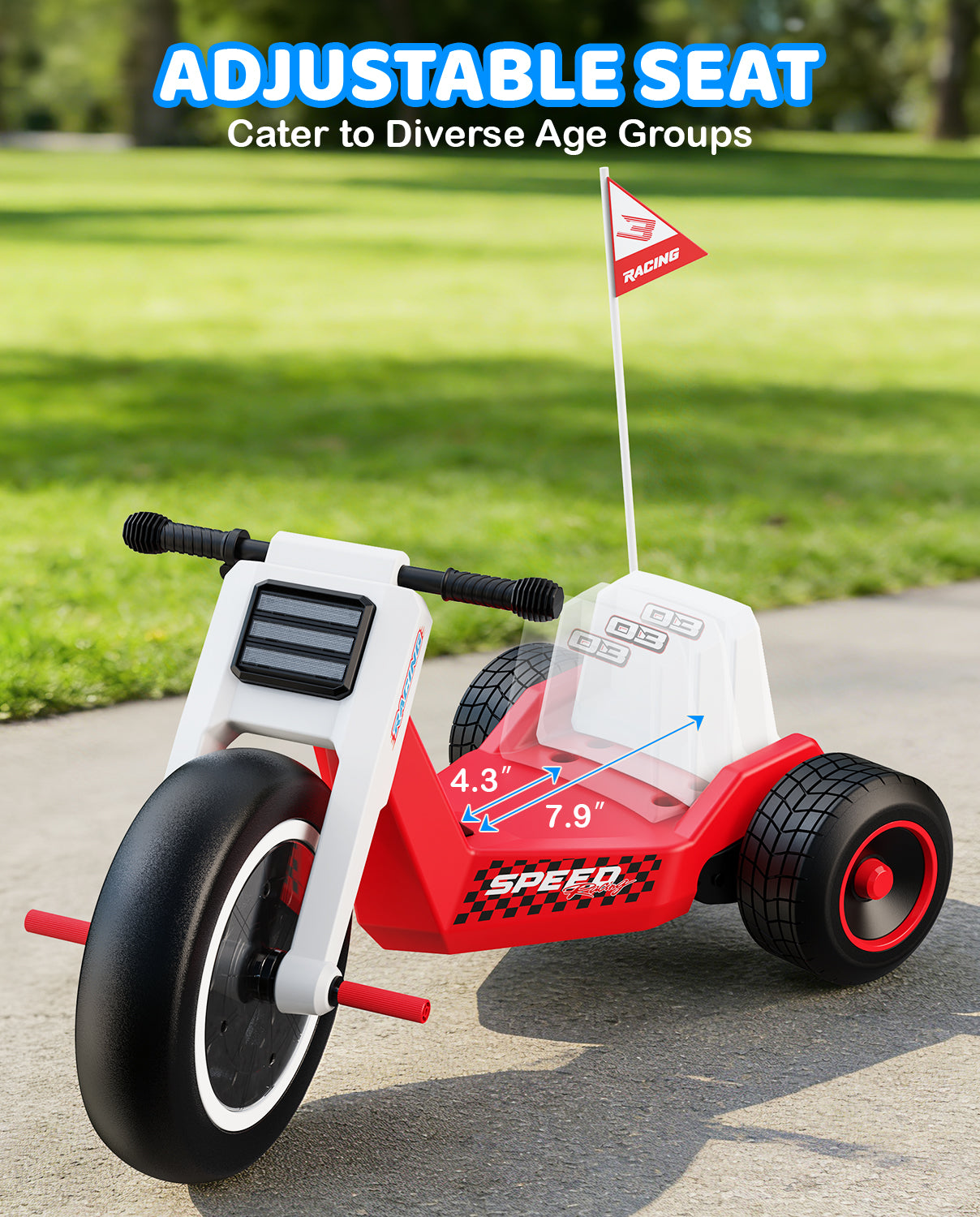 The 3-position adjustable seat on the T7 tricycle showing the movement range to accommodate growing children