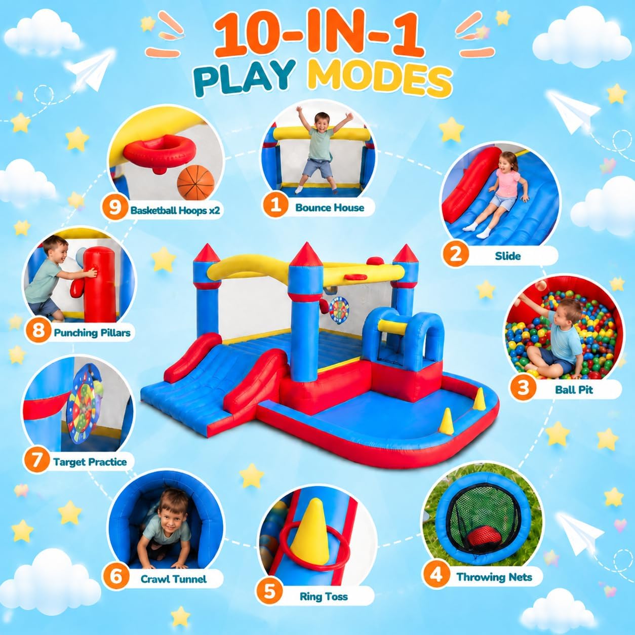 LIGIANT 10-in-1 Inflatable Bounce House, Air Bouncy Castle with Wide Slide