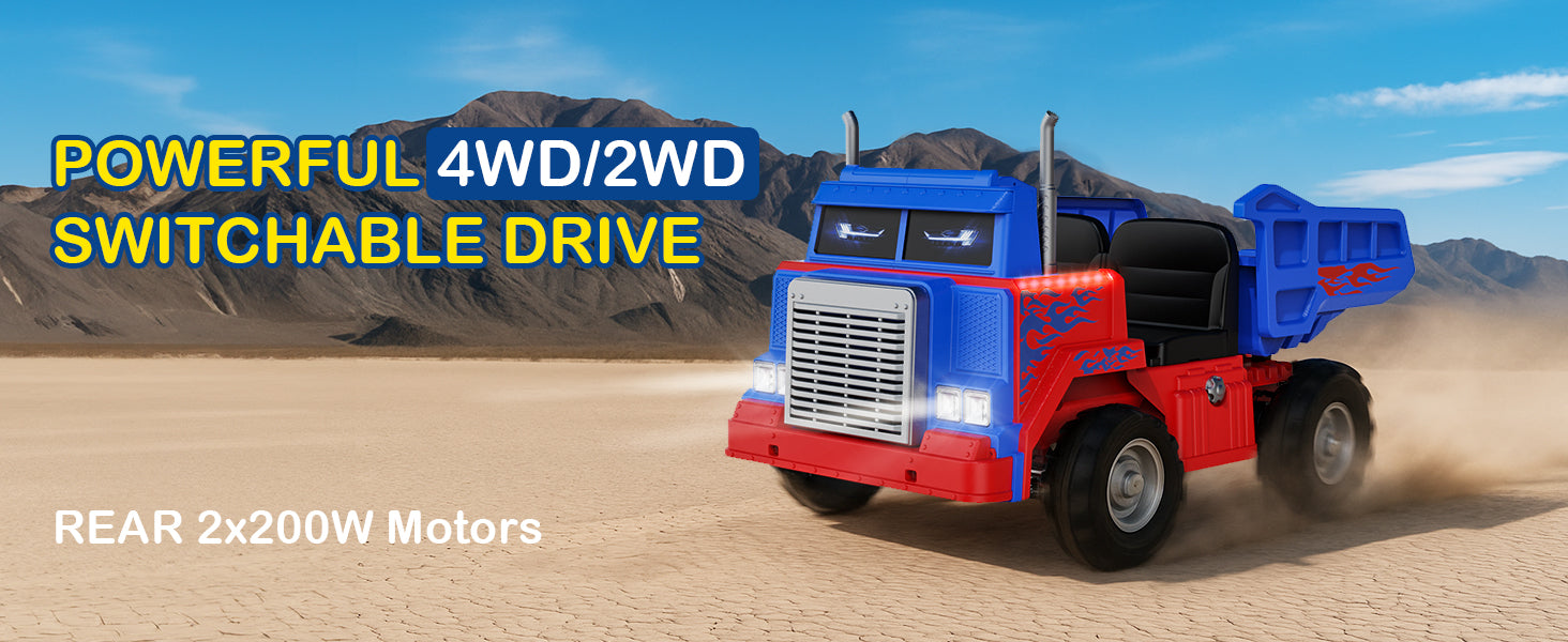 Toy dump truck with blue and red colors on a desert background, featuring text about its drive system.