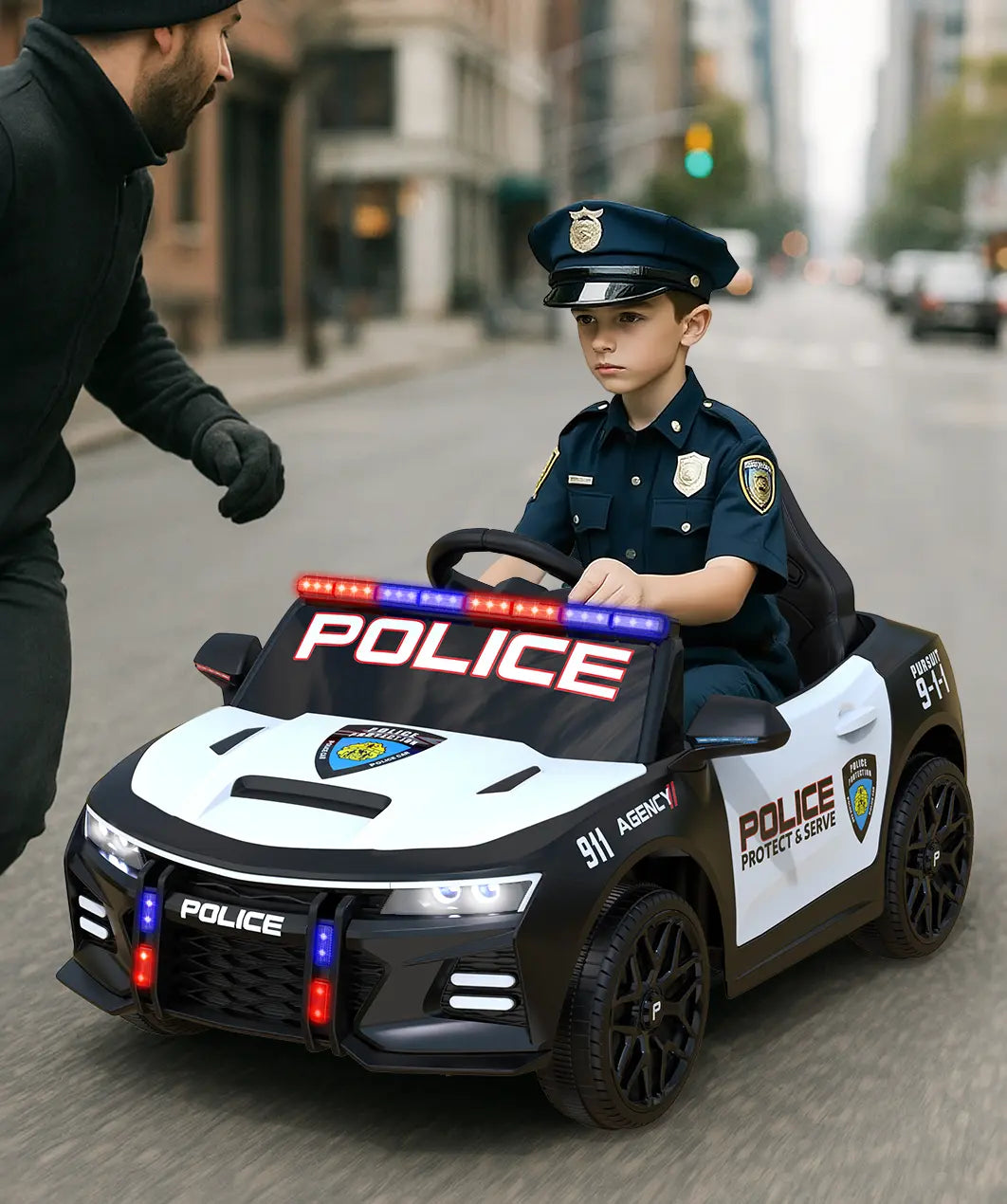 Child in a toy police car with a man on a city street