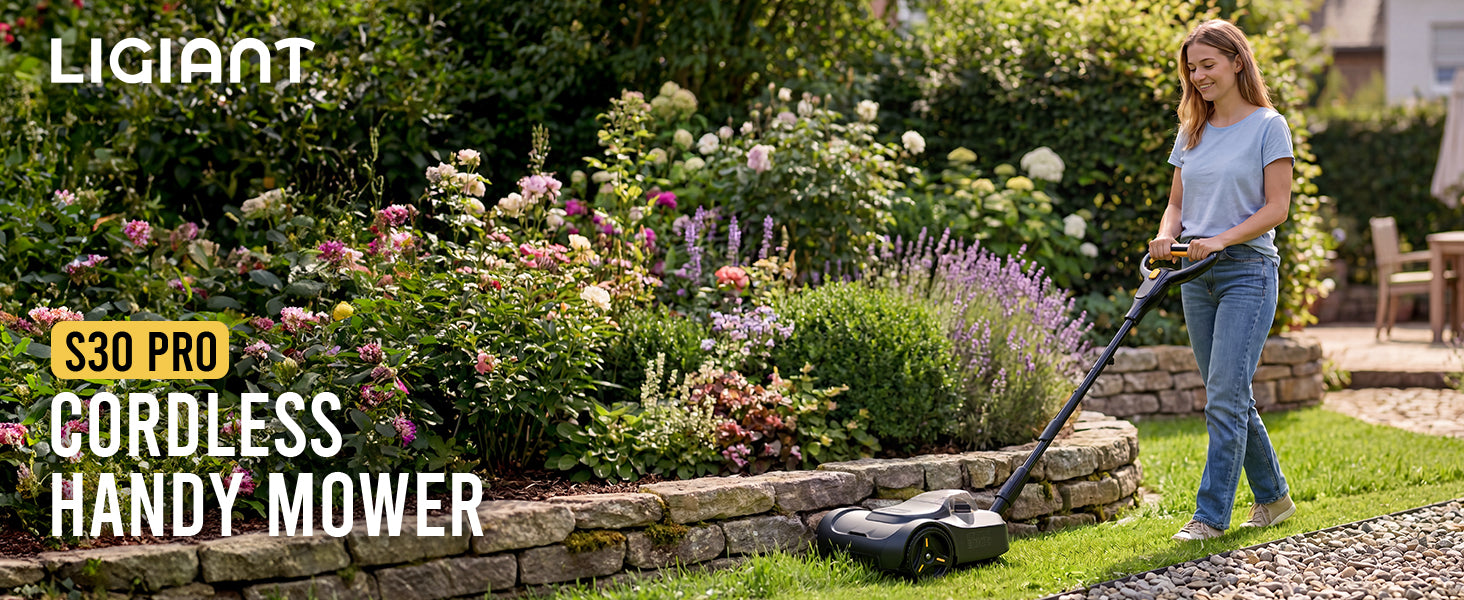 Woman using a LIGIANT S30 Pro cordless handy mower in a garden with flowers and plants.