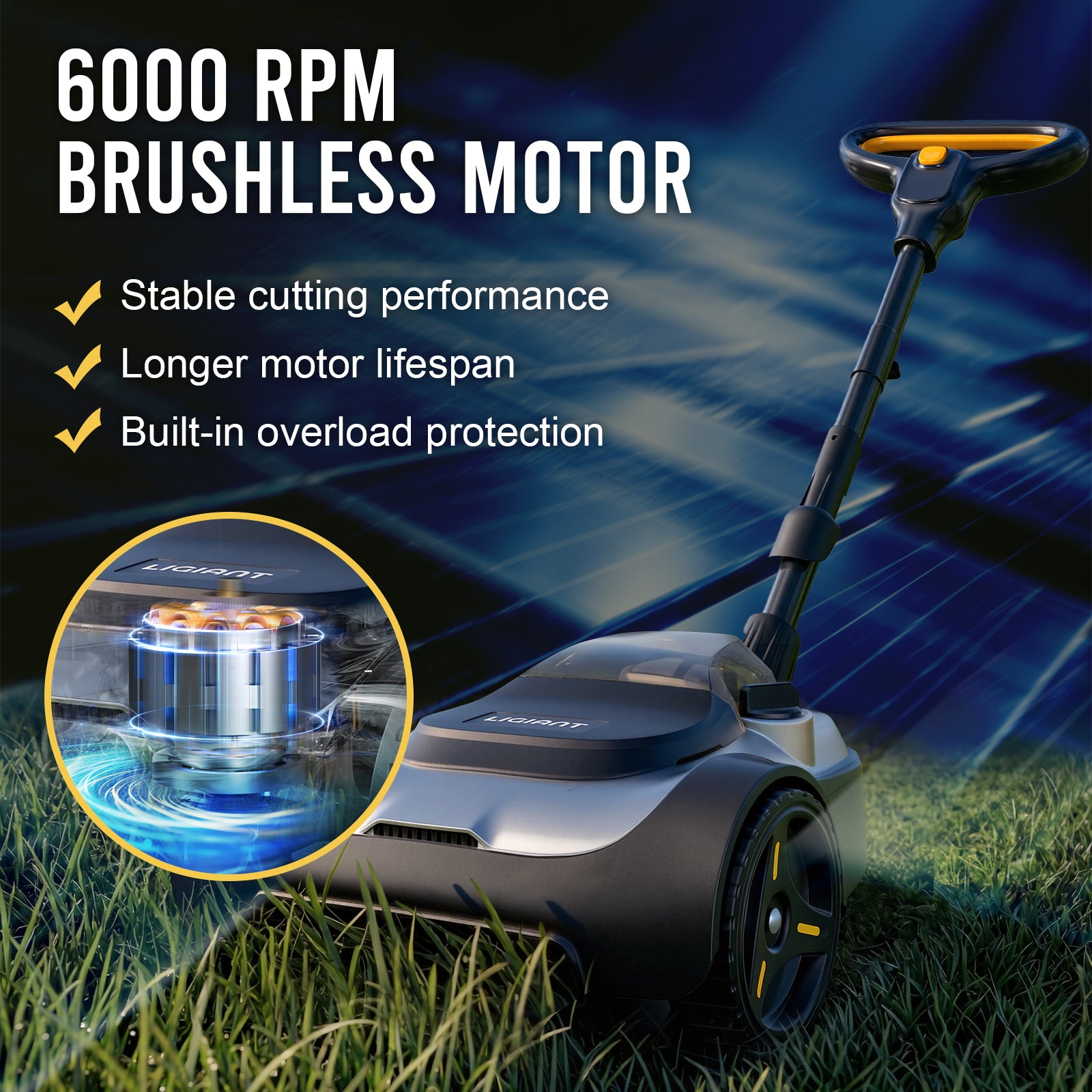 Garden lawn mower with 6000 RPM brushless motor features on a grassy background