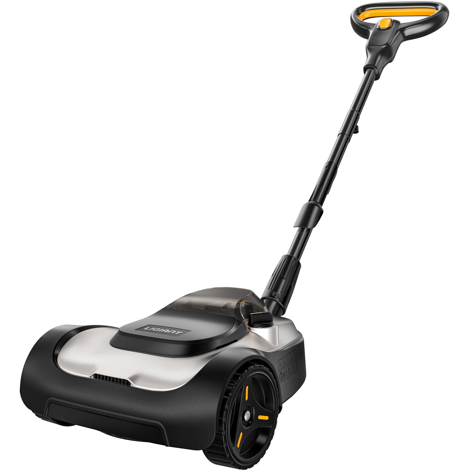 Push lawn mower with black and yellow handle on a white background