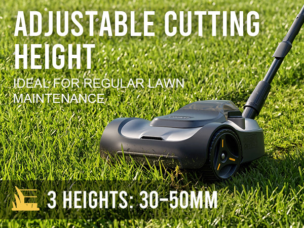 Mower on grass with text about adjustable cutting height