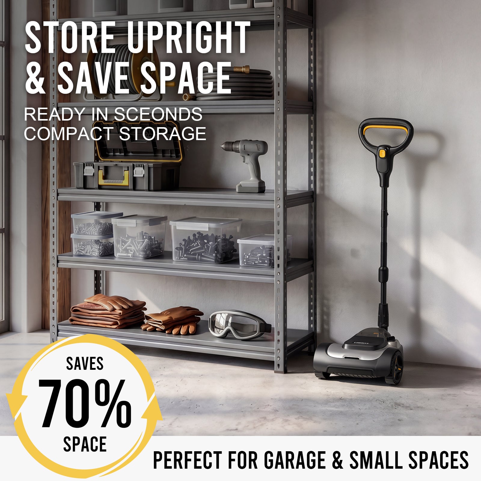 S30 pro electric lawn mower on the side, text about space-saving storage.