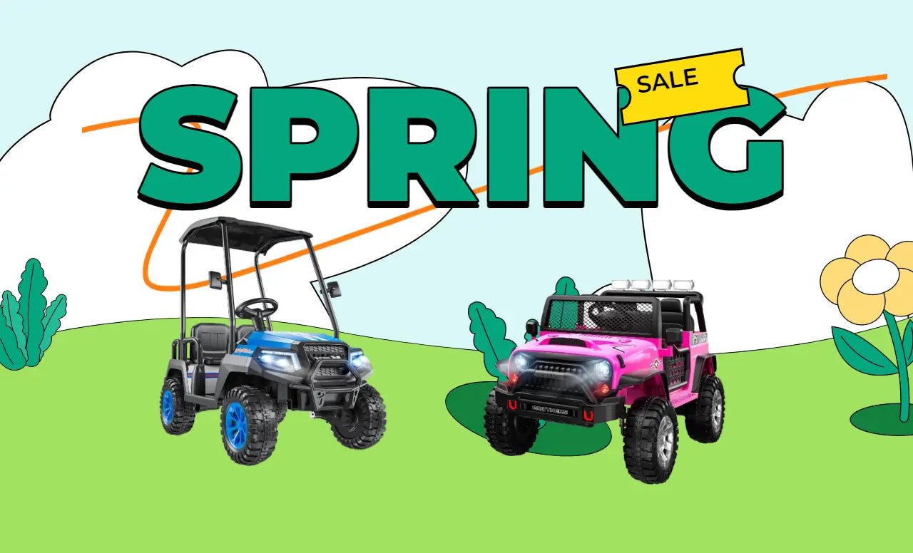Two toy off-road vehicles on a grassy field with 'Spring Sale' text and graphics.