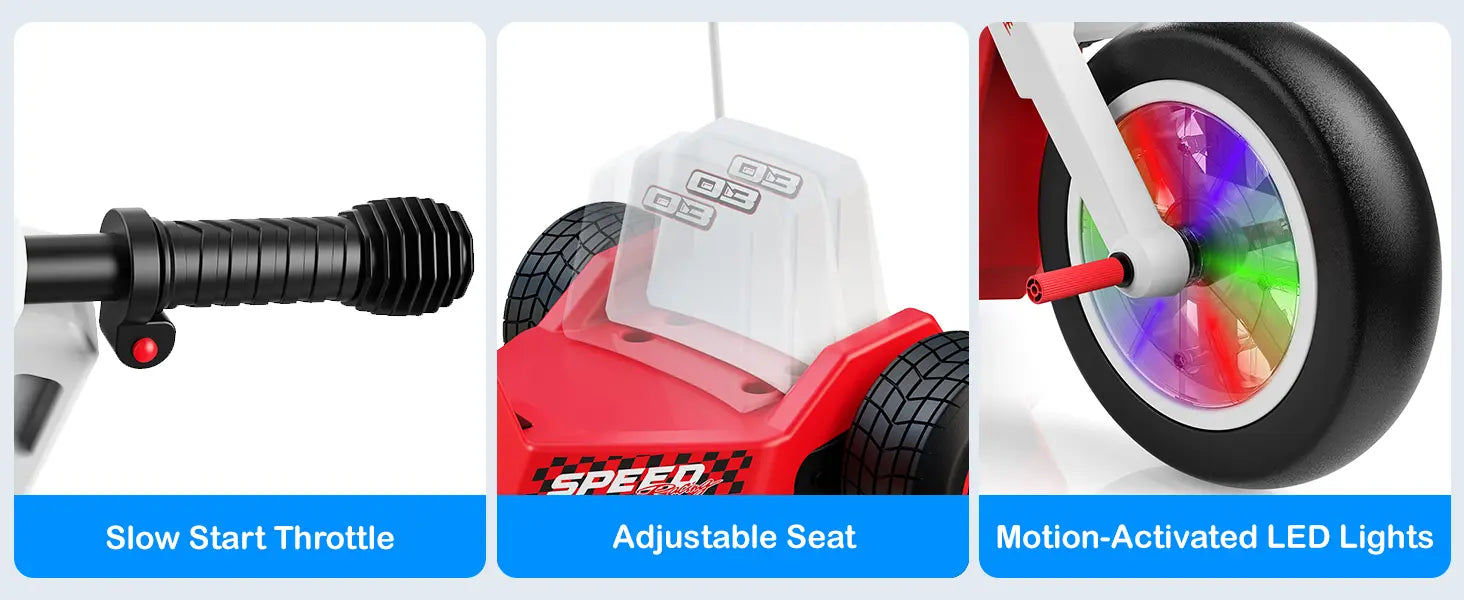 Detailed views of the tricycle's slow-start throttle for smooth acceleration, an adjustable seat for growing children, and motion-activated multi-color LED lights in the front wheel