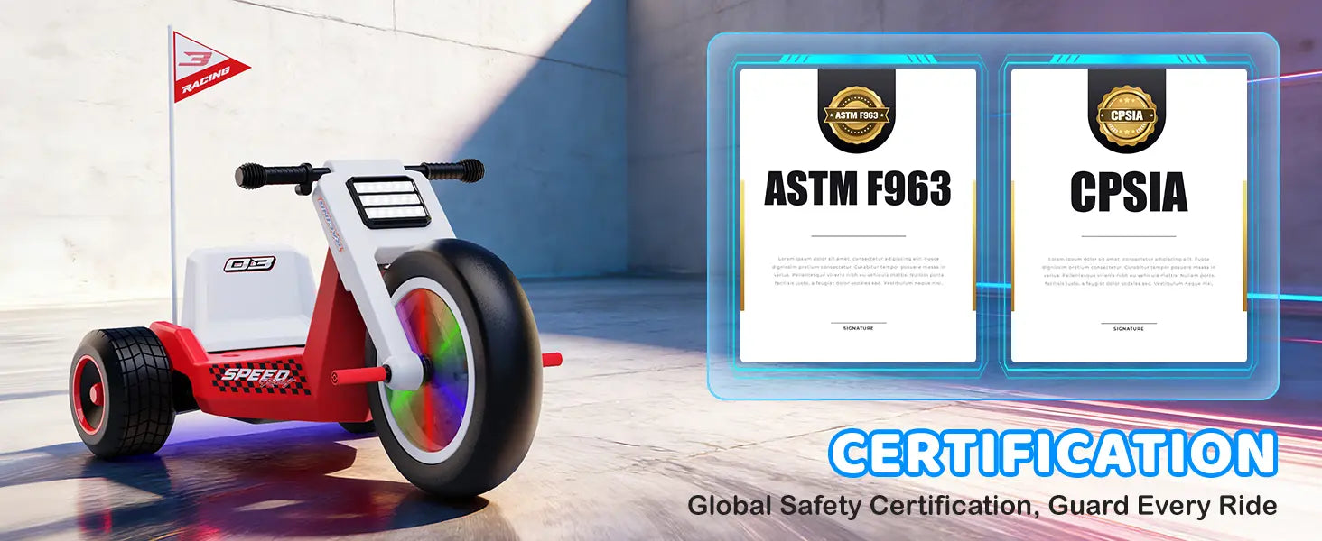 Official global safety certification seals for ASTM F963 and CPSIA displayed next to the T7 Apex tricycle