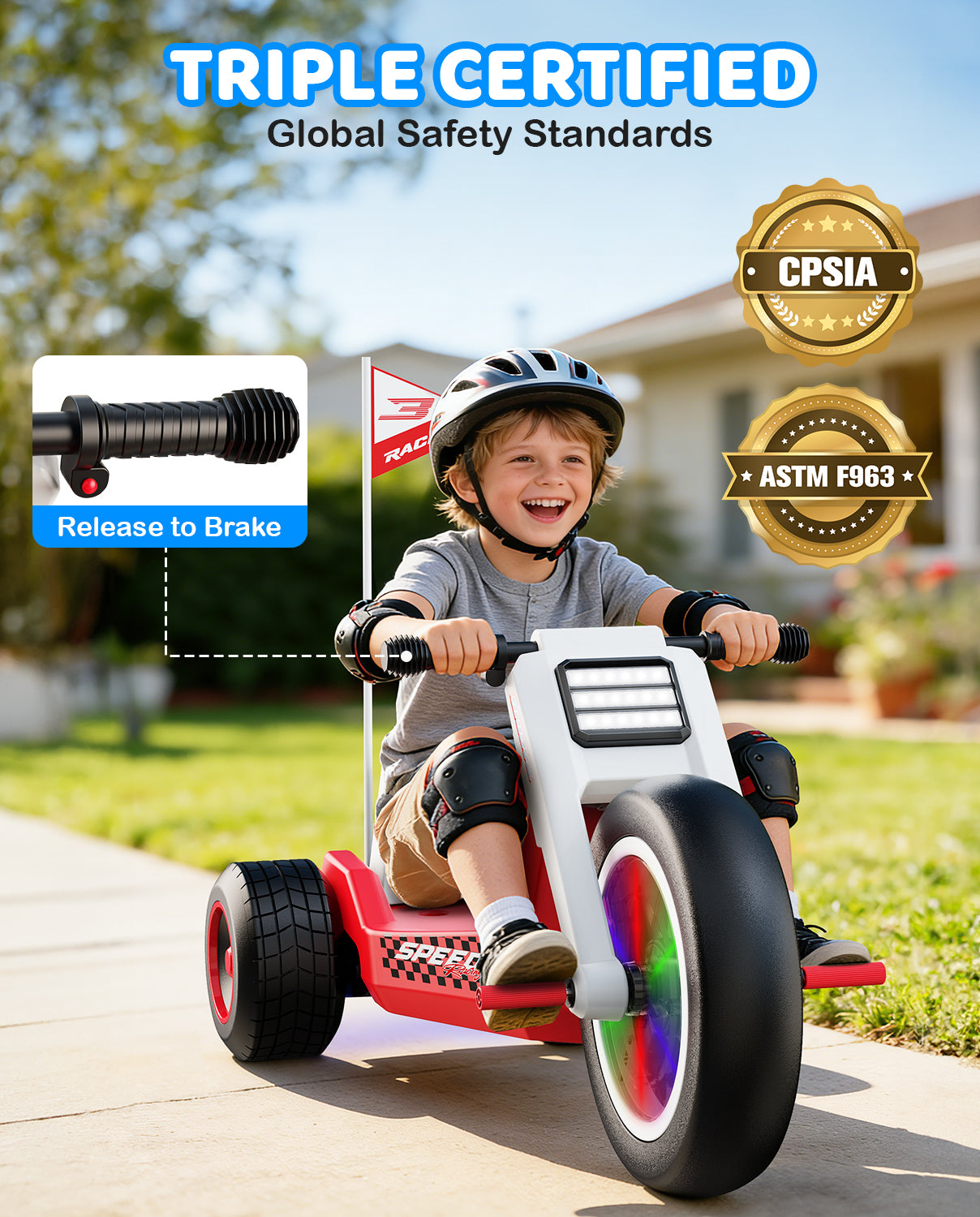 Child riding a red and white balance bike with safety features, outdoors.