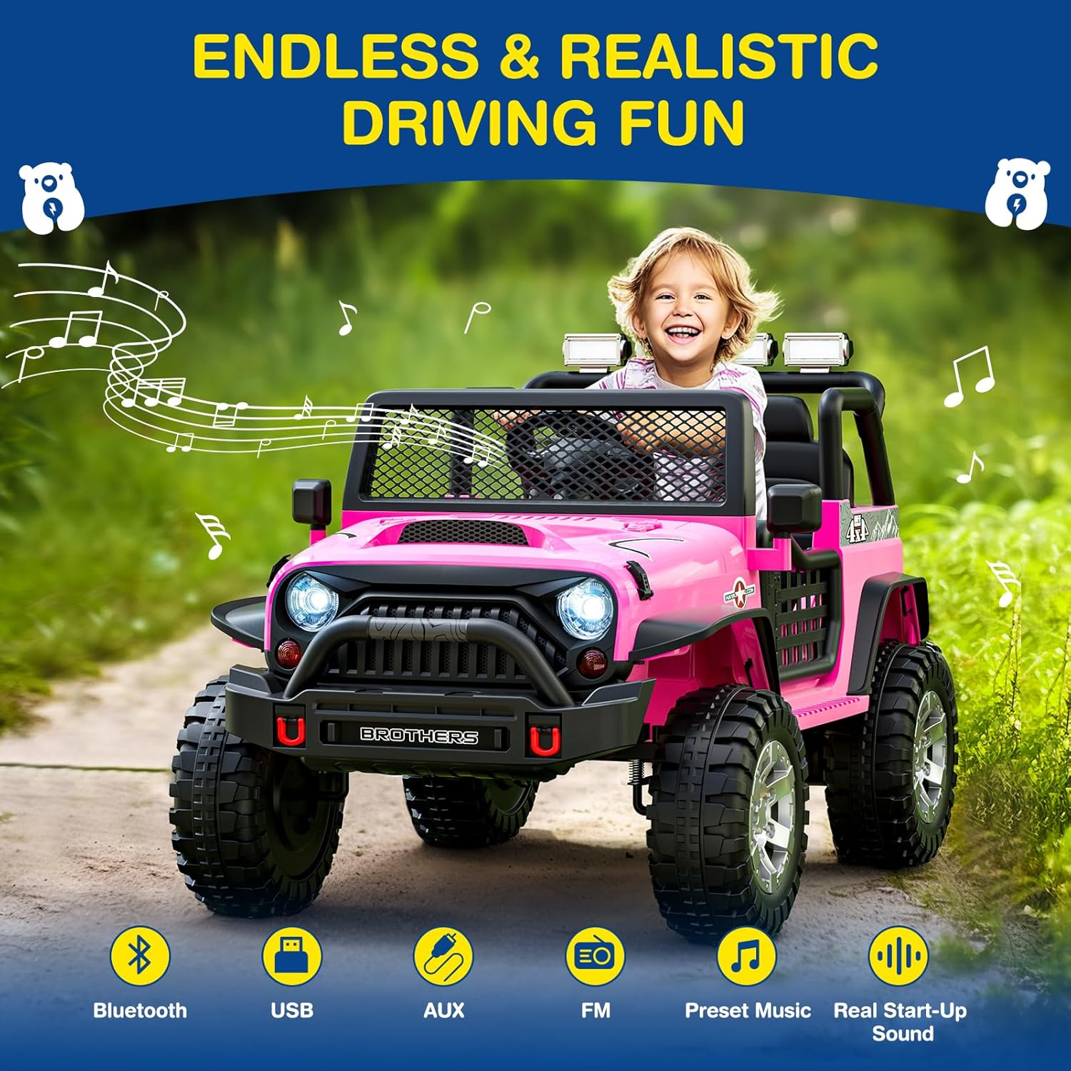 Child in a pink 24V Ride On Car with music notes and text about driving fun on a natural background