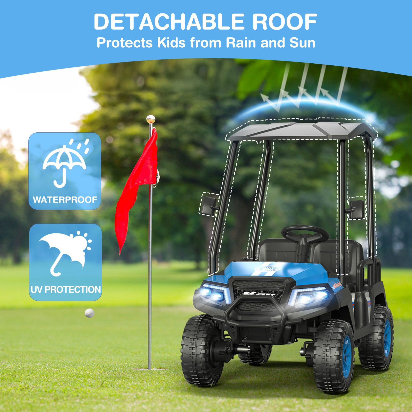 Blue and black golf cart with a detachable roof on a golf course, featuring waterproof and UV protection icons.