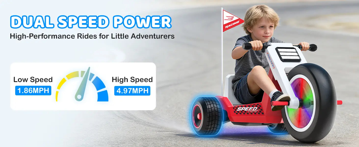 Child riding a red and white toy bike with colorful wheels on a road, featuring text about dual speed power.