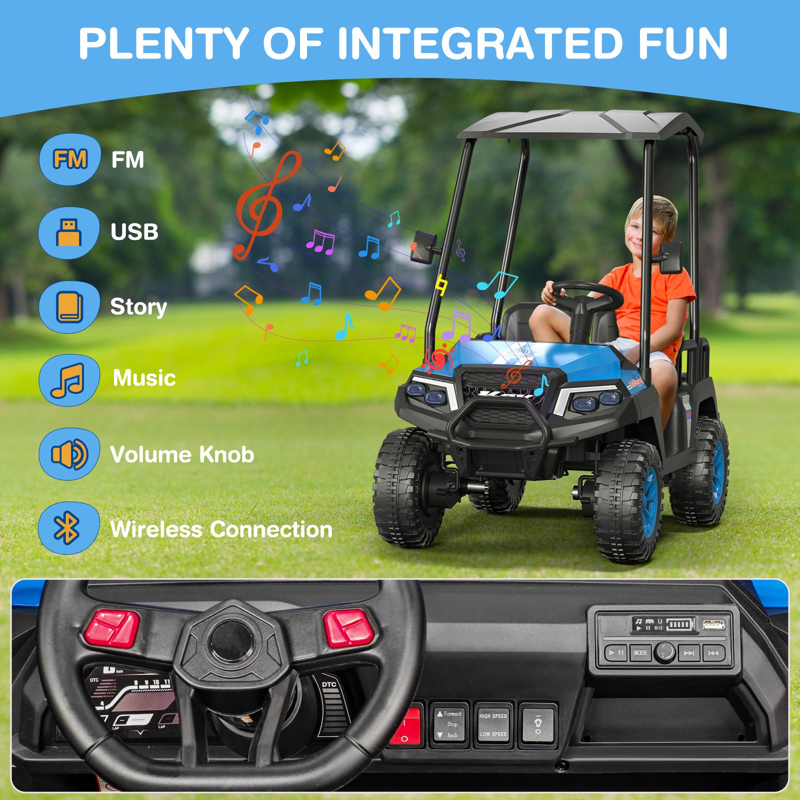 Child in a toy utility vehicle with music and multimedia features displayed on screen