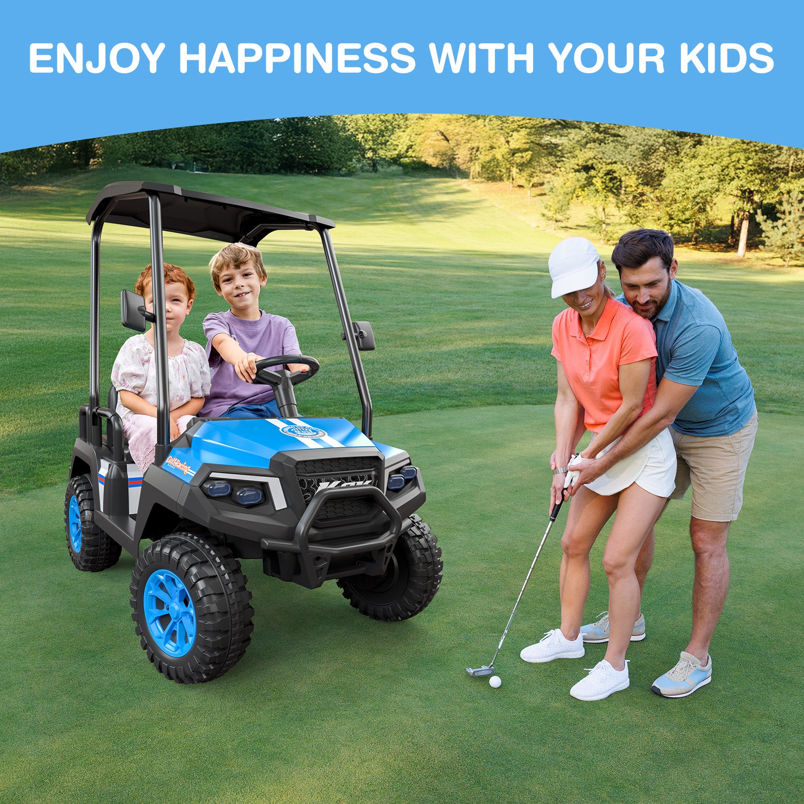 Family playing golf on a green course with a child in a toy golf cart.