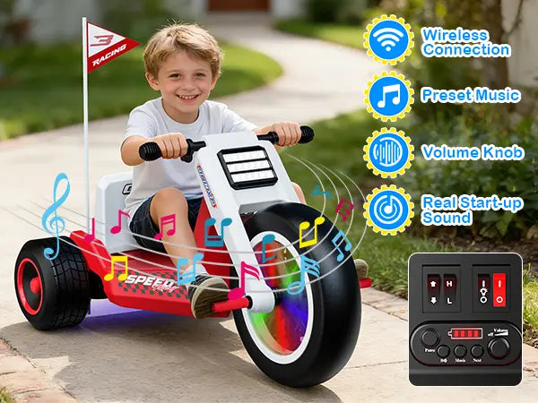 Close-up of a kids electric trike dashboard showing wireless connection, preset music buttons, and volume knob with start-up sounds