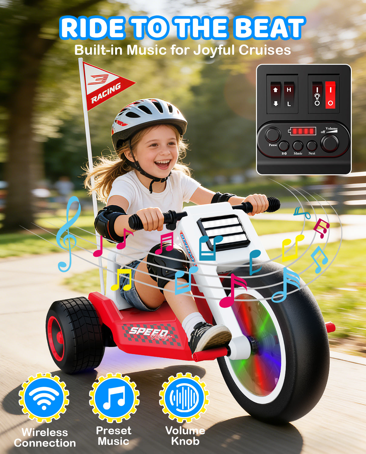 Child riding a tricycle with music features in an outdoor setting