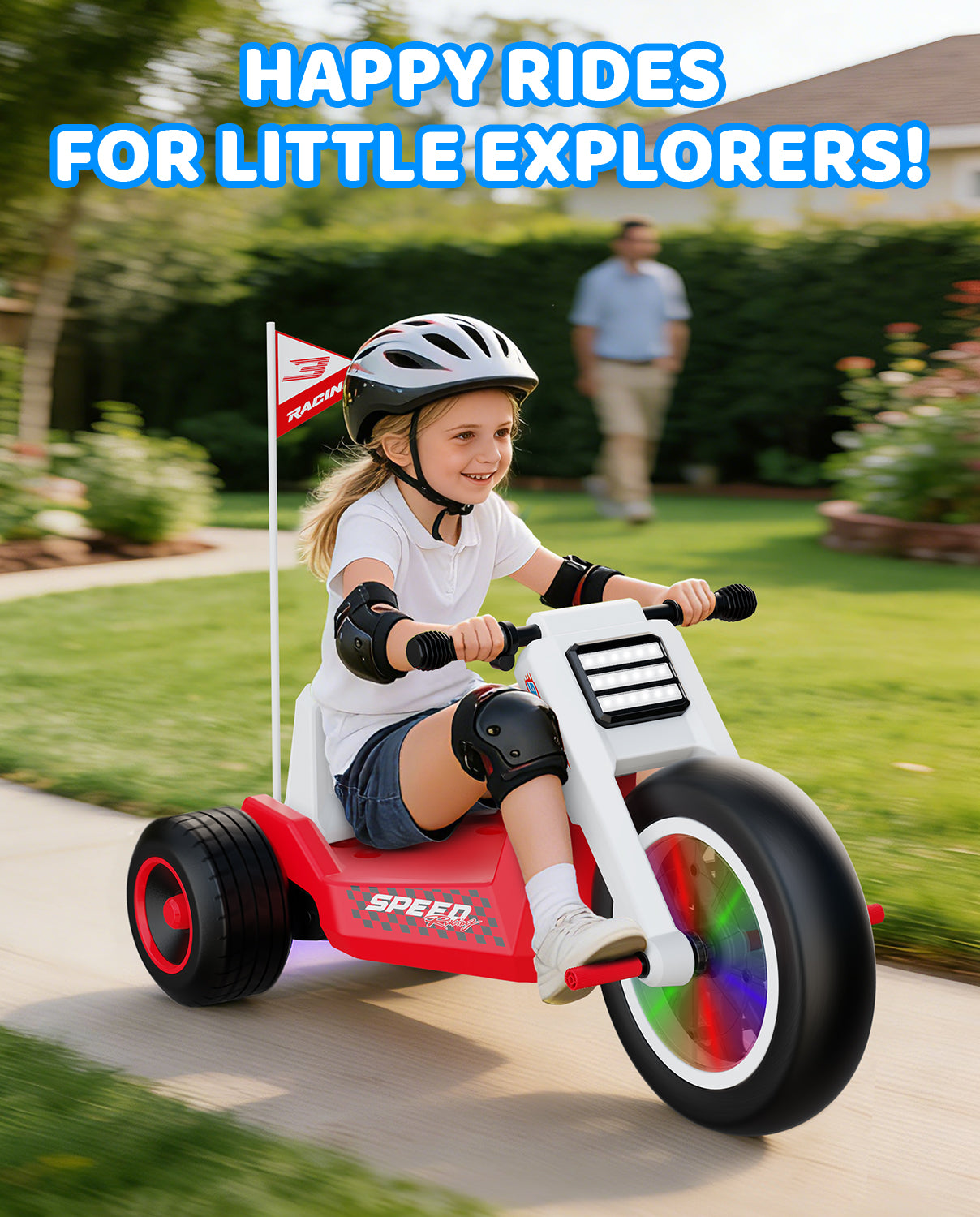Child riding a red and white toy motorcycle with safety gear, with text 'Happy Rides for Little Explorers' above.