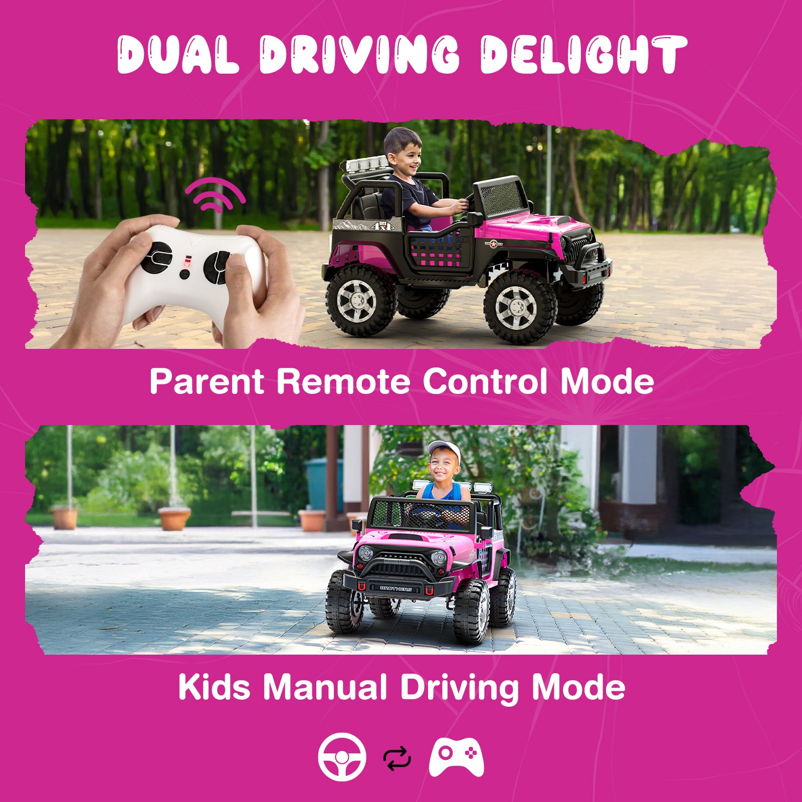 Pink toy car with remote control on a pink background, featuring text about dual driving modes.