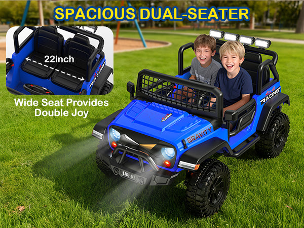 Blue toy off-road ride-on car with two children inside on a grassy area, labeled 'Spacious Dual-Seater'.