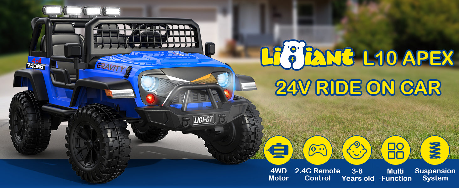 Blue ride-on car with Ligiant branding on a grassy background
