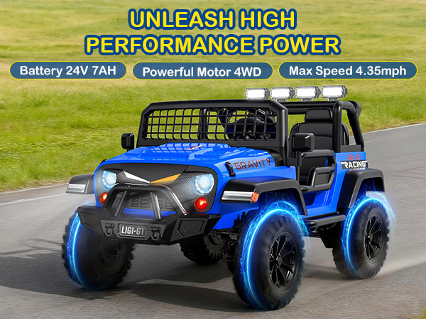 Blue toy off-road vehicle with glowing wheels on a road, featuring text about power specifications.