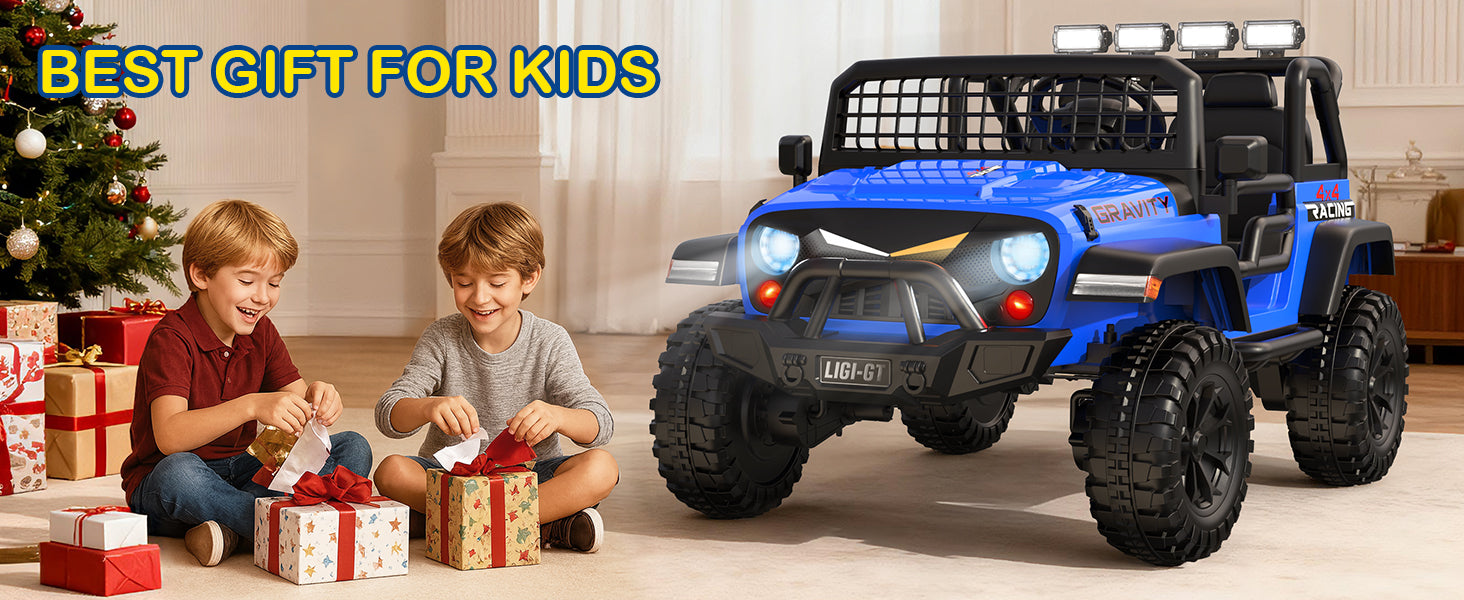 Two children opening presents next to a blue toy ride-on car in a living room setting.