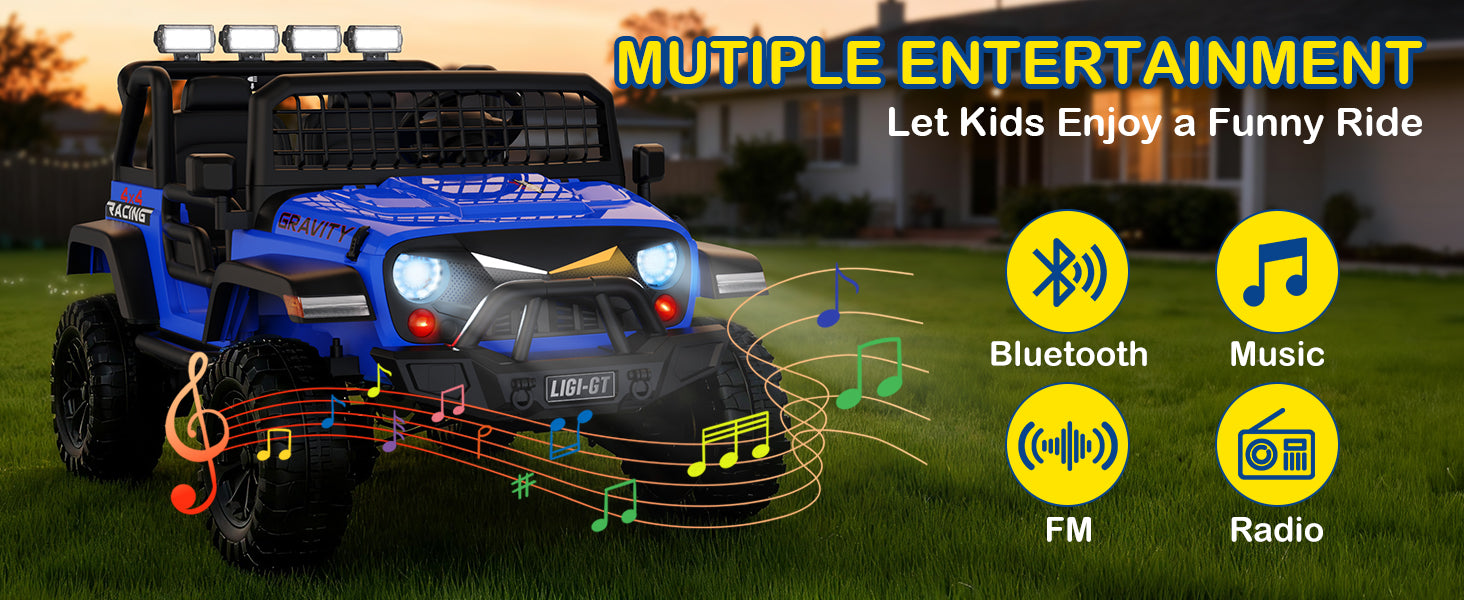 Blue toy ride-on car with entertainment features on a grassy area
