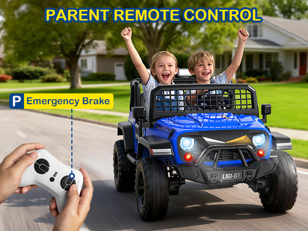 Children playing with a toy off-road ride-on car on a road, controlled by a parent using a remote control.