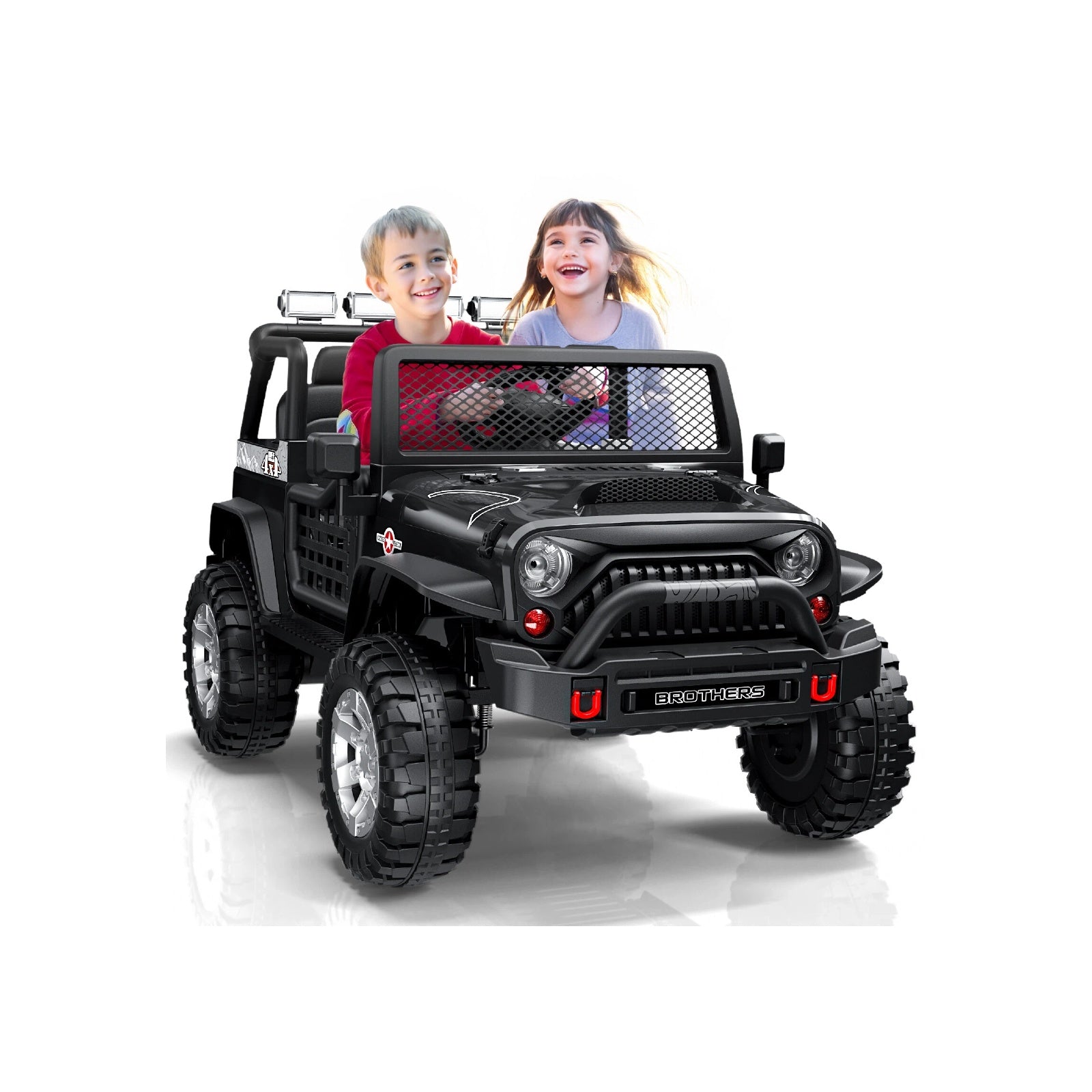 Children playing in a toy black off-road vehicle on a white background