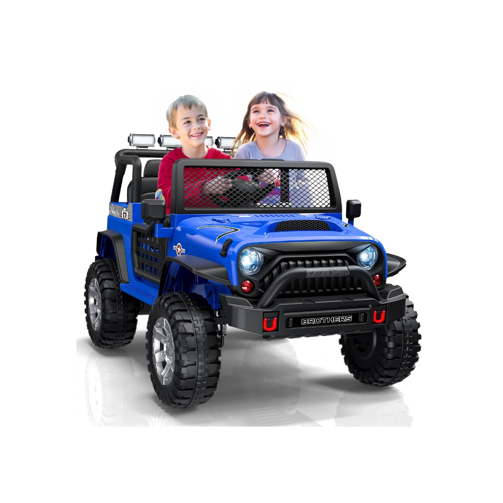 Children sitting in a blue off-road ride-on car on a white background