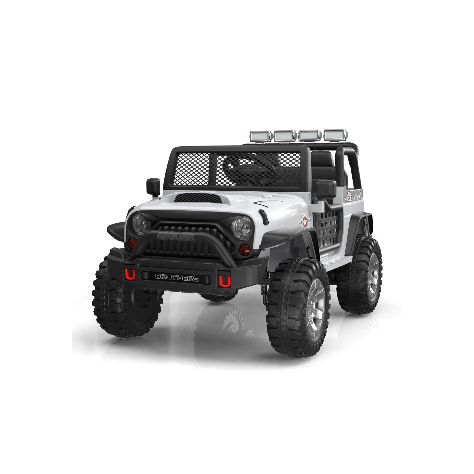 Grey off-road ride-on car with a white body and black details on a white background