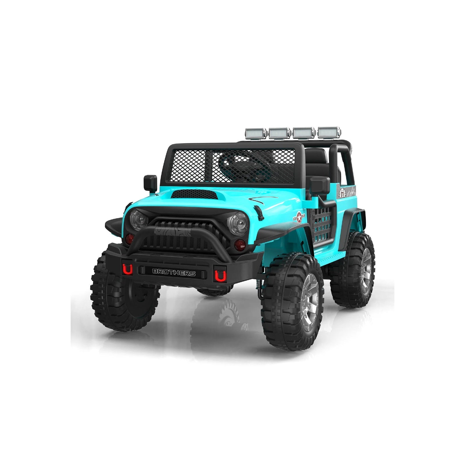 Light blue off-road ride-on car with large wheels on a white background
