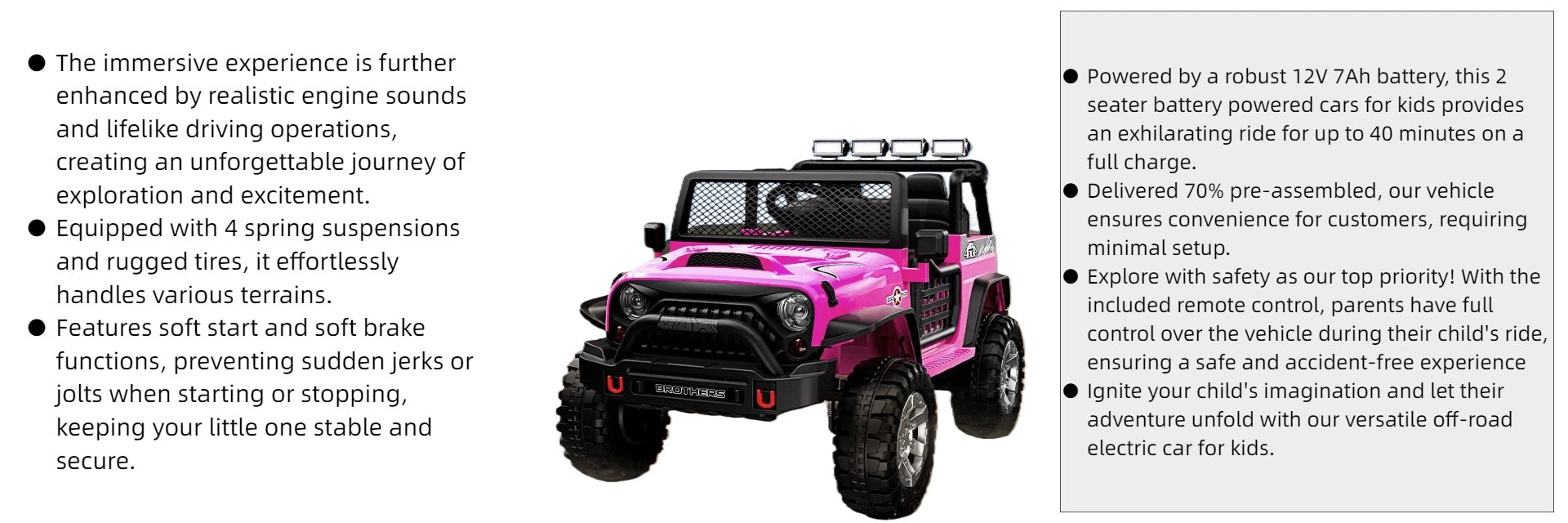 Pink battery-powered toy ride on car with text describing its features and specifications.