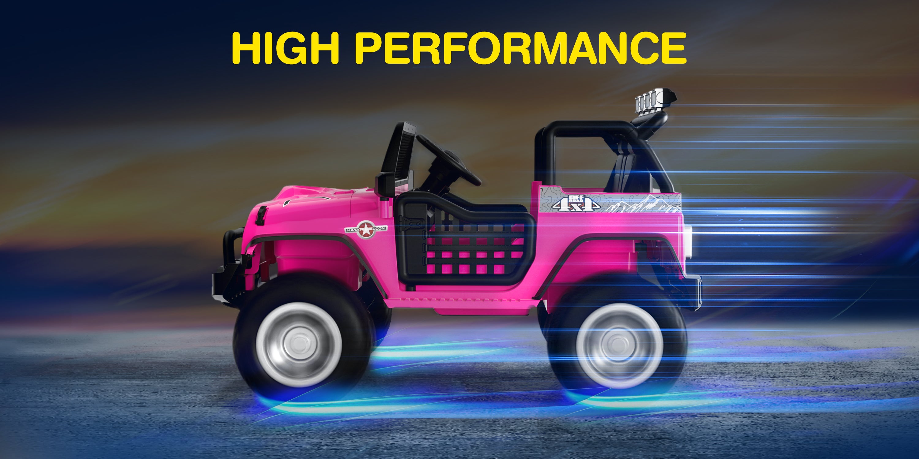 Pink toy ride on car with 'High Performance' text on a dark background