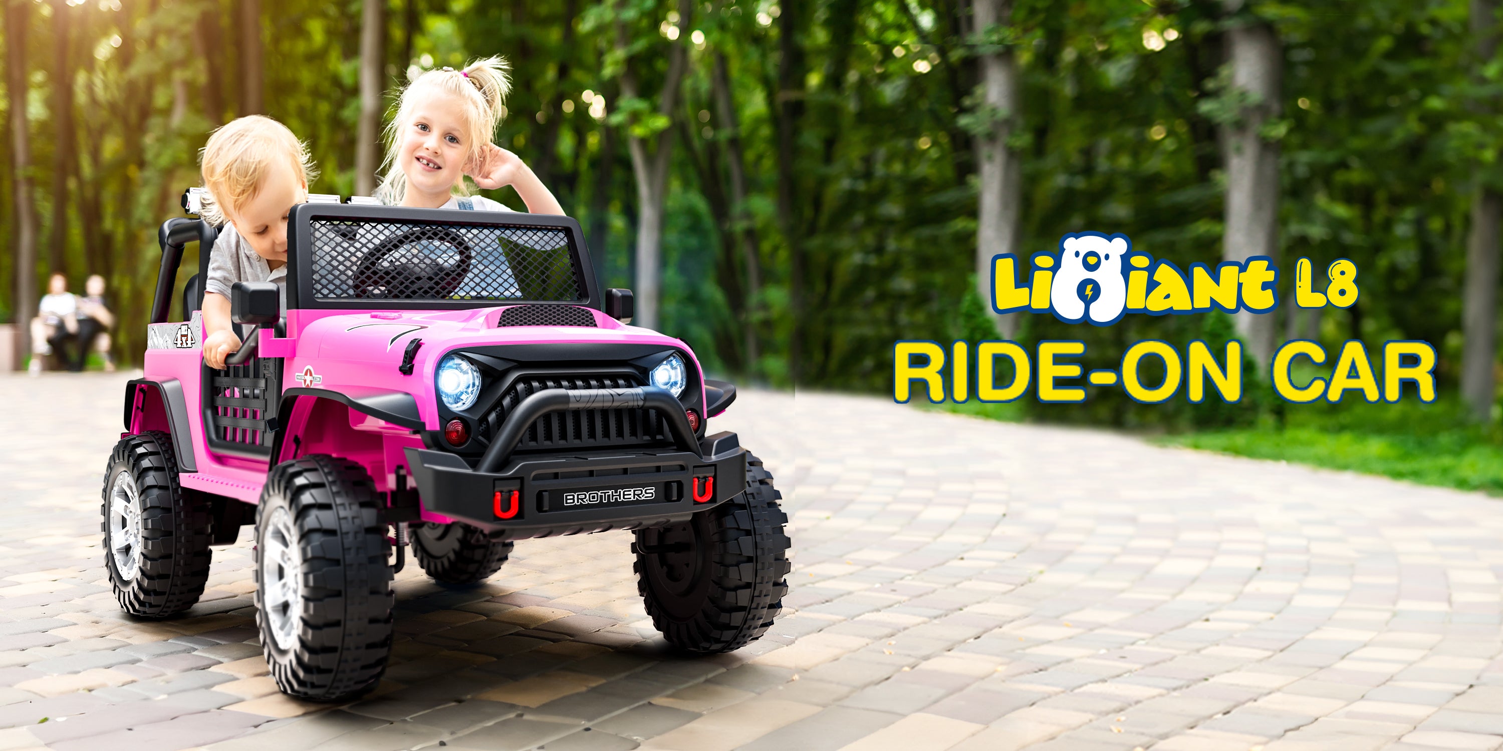 Pink ride-on car with two children inside, on a paved path with greenery in the background, featuring the brand 'Liyuan L8'.