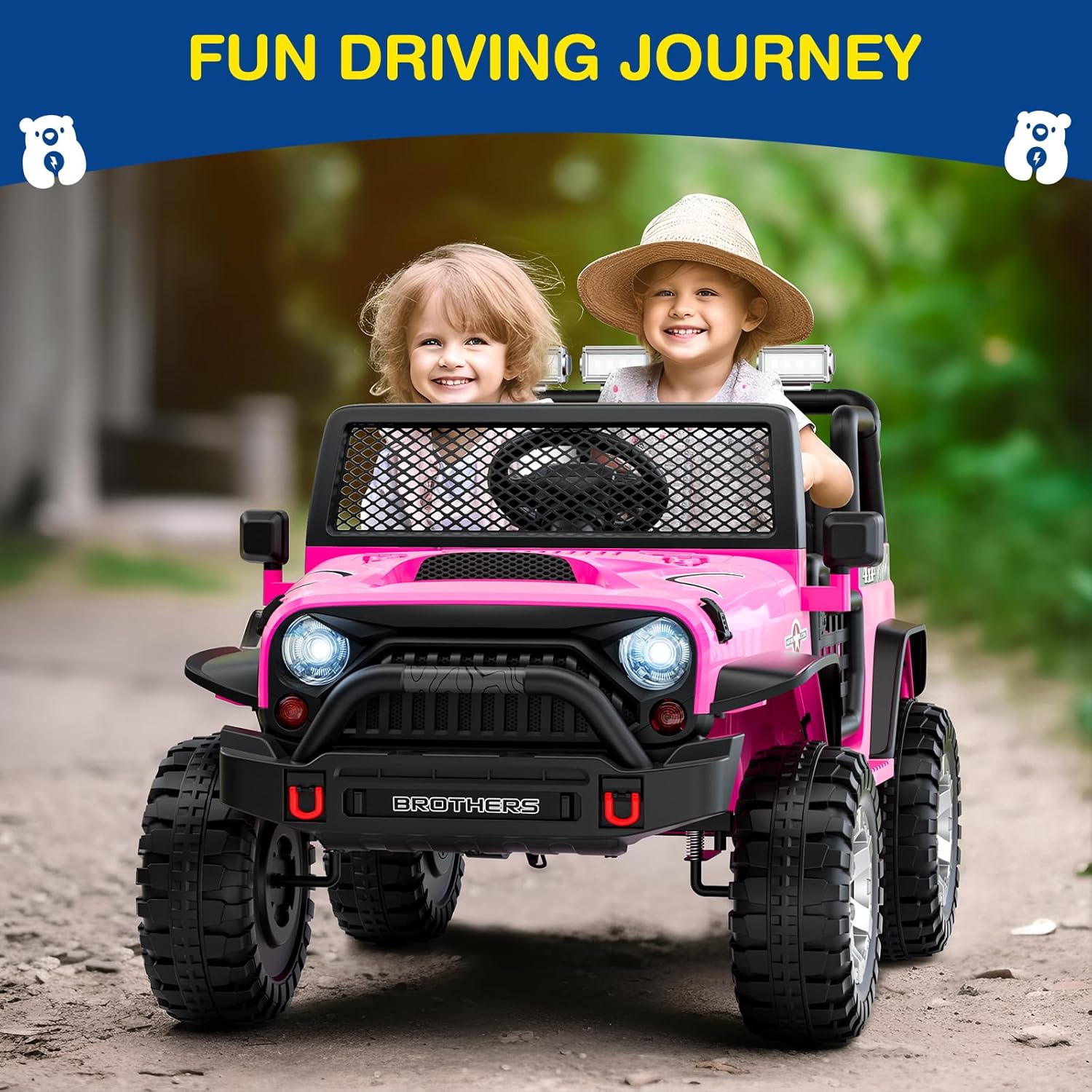 Two children in a pink ride on car with 'Fun Driving Journey' text above.