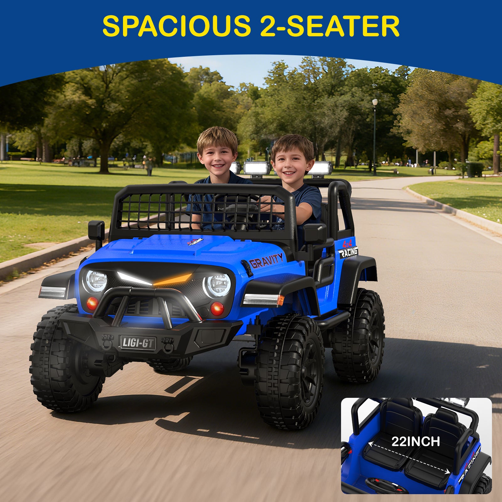 Two children in a blue toy ride-on car with 'Spacious 2-Seater' text and a close-up of the vehicle's wheels.