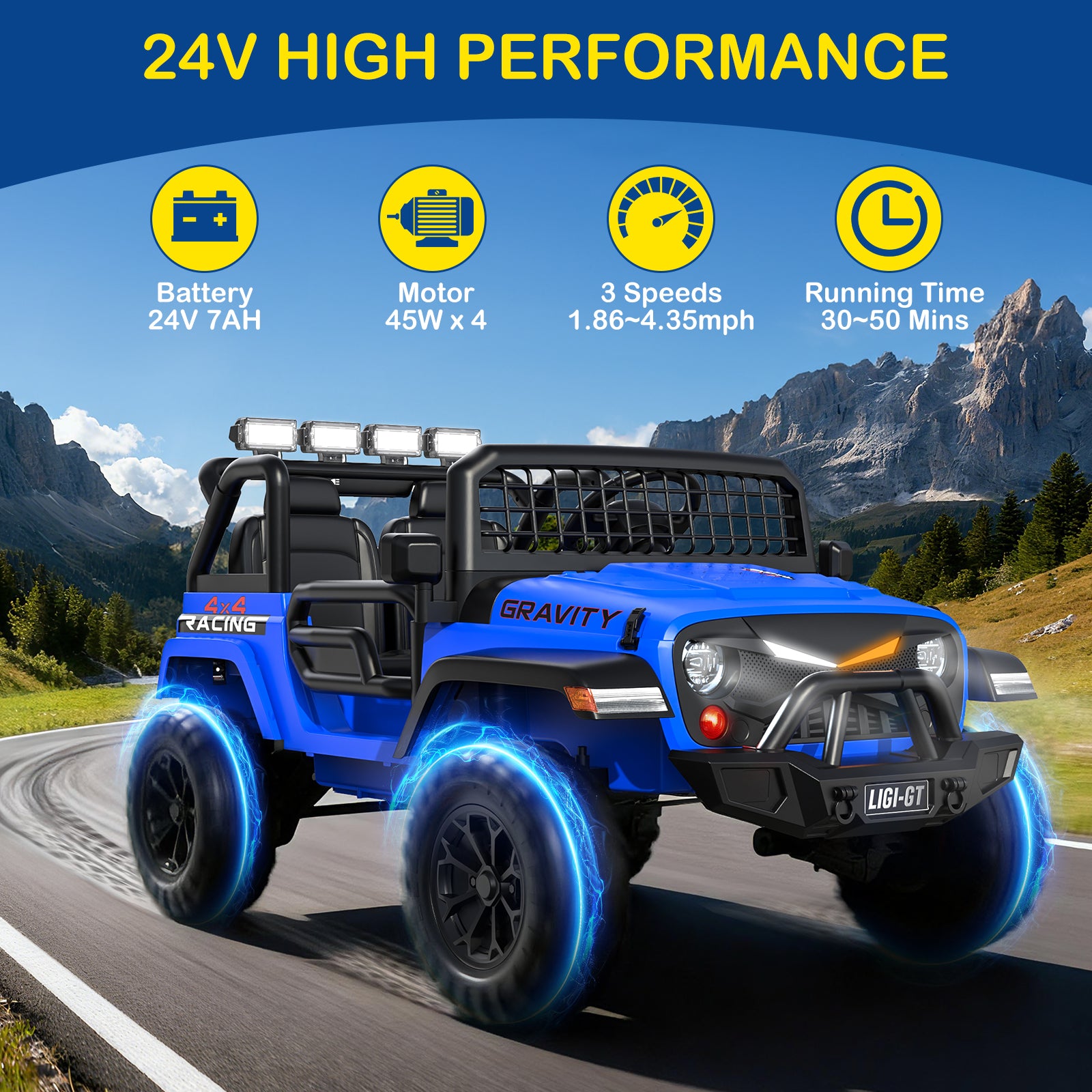 Blue toy ride-on car with mountainous background and technical specifications on a blue background