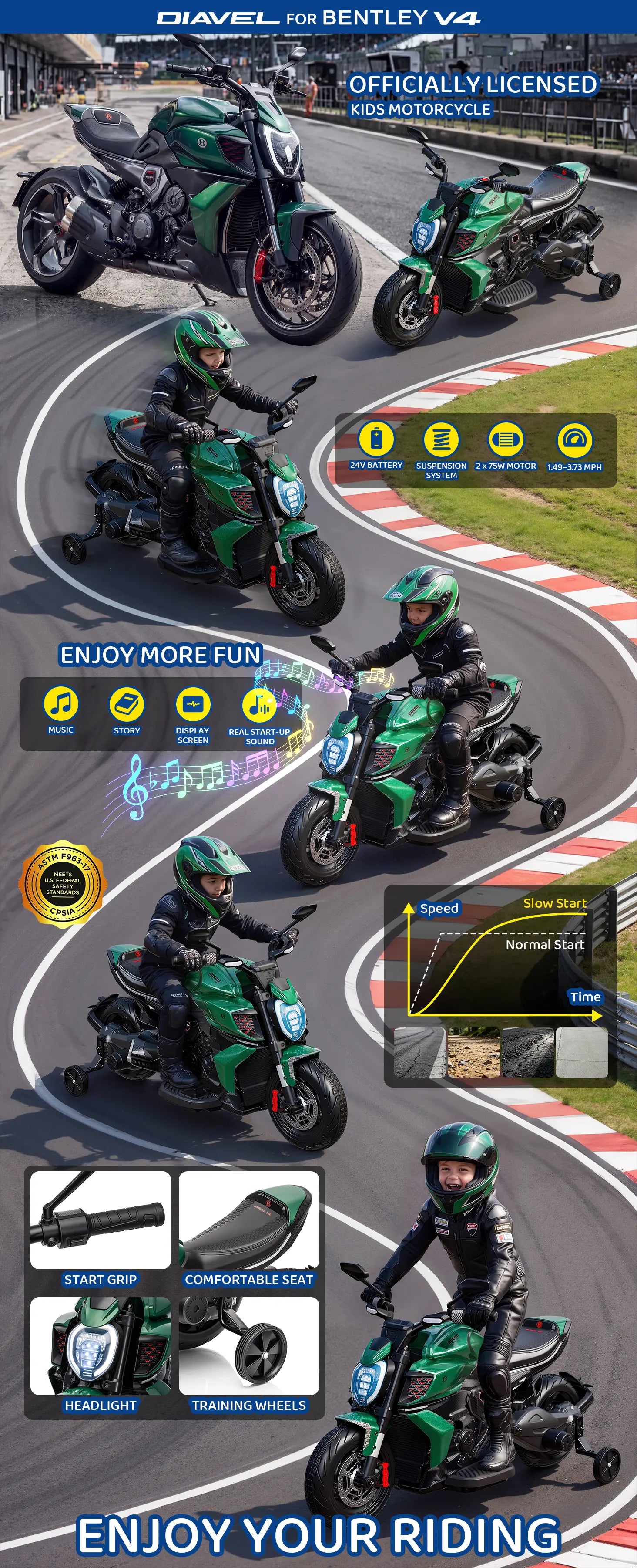 Motorcycle with features and text on a racing track background