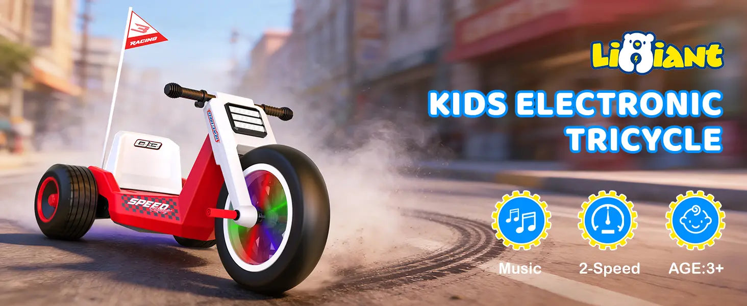 Red and white kids' electronic tricycle with colorful wheels on a road, featuring Ligiant branding. 