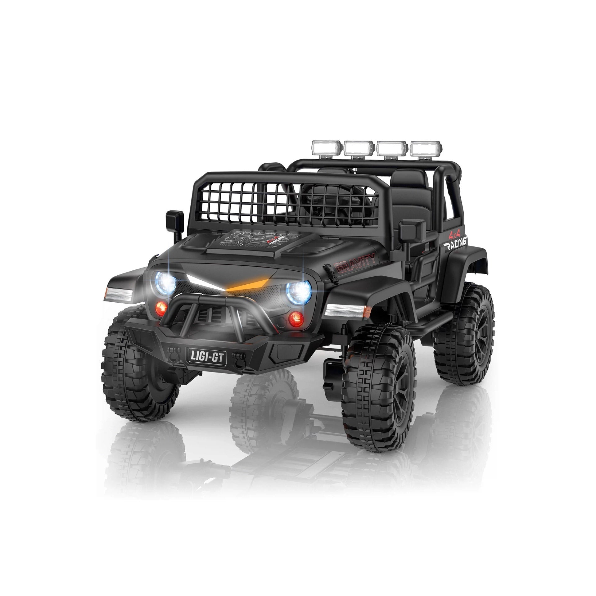 Black toy off-road vehicle with lights on a white background