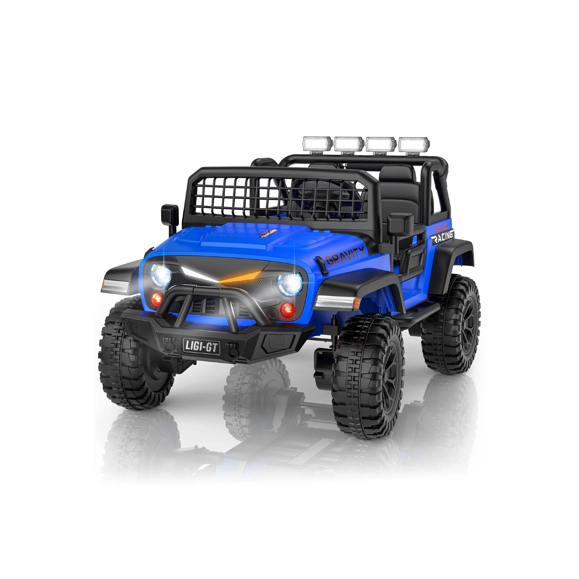 Blue toy off-road ride-on car on a white background